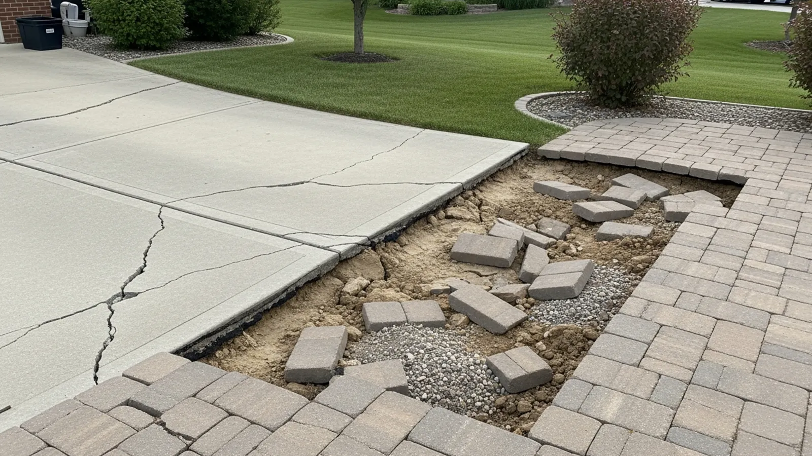 Soil movement beneath outdoor surfaces causing visible cracks, uneven slabs, and surface deformation.