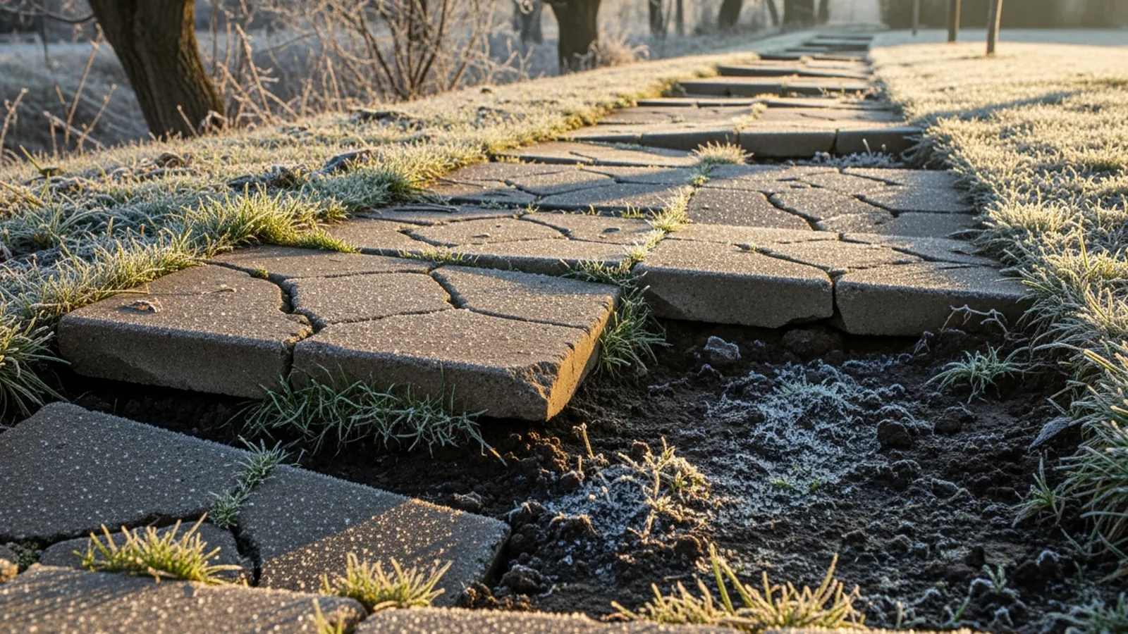 Seasonal weather effects causing ground expansion and contraction beneath an outdoor walkway.