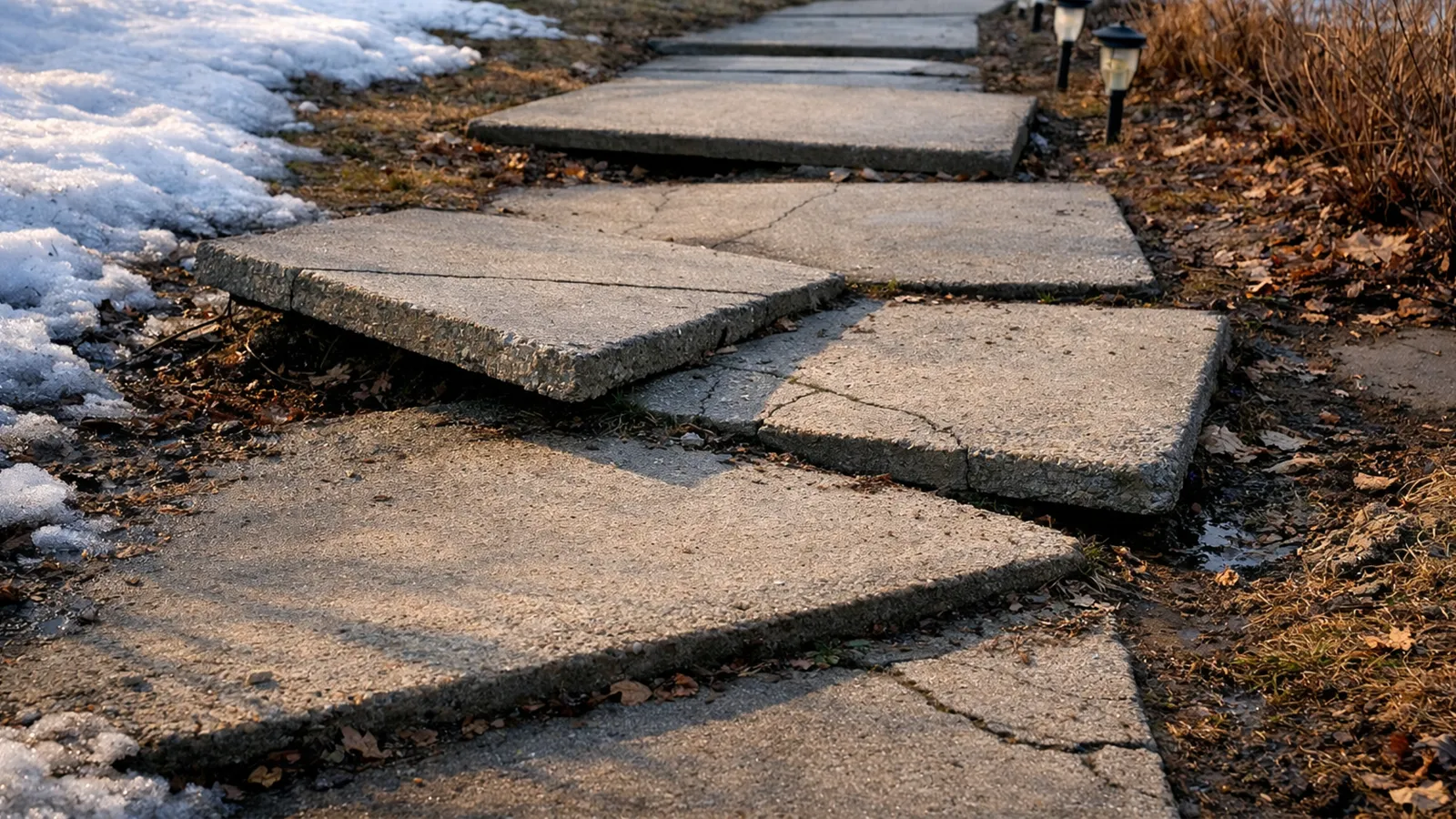 Frost heave lifting sections of an outdoor walkway during freeze–thaw cycles.