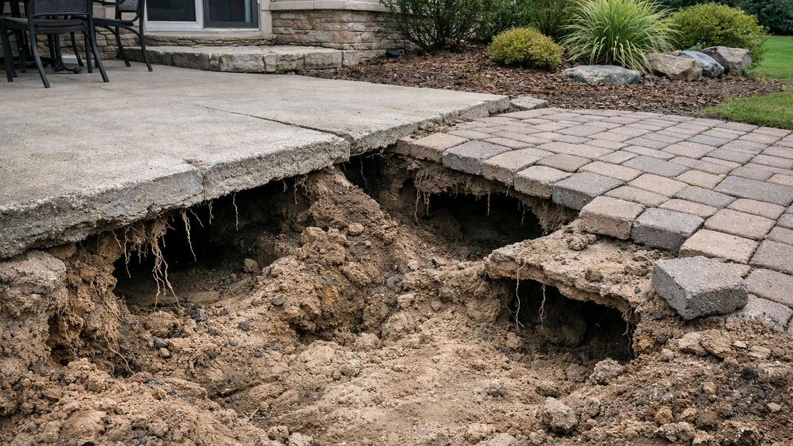 Water-driven soil erosion beneath hardscape surfaces creating voids and unsupported slabs.