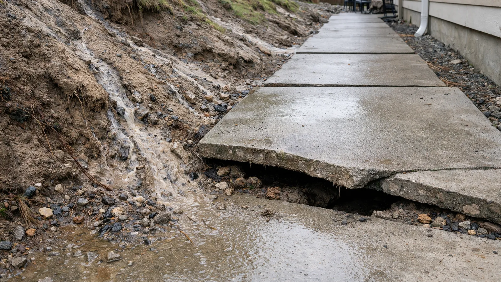 Concentrated runoff eroding soil beneath an outdoor walkway and causing uneven settlement.