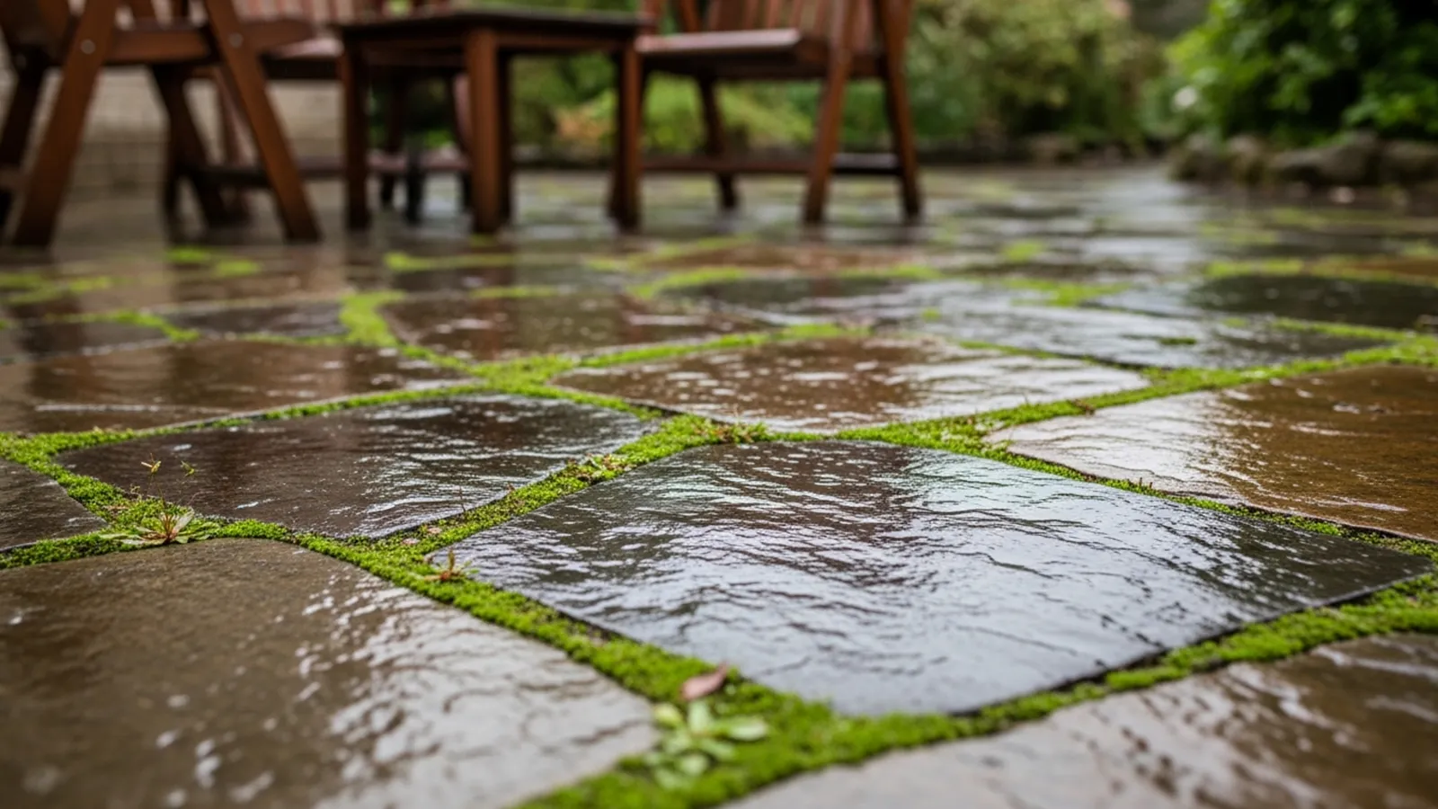 A wet outdoor stone patio showing visible moisture and organic buildup that increases slip risk.