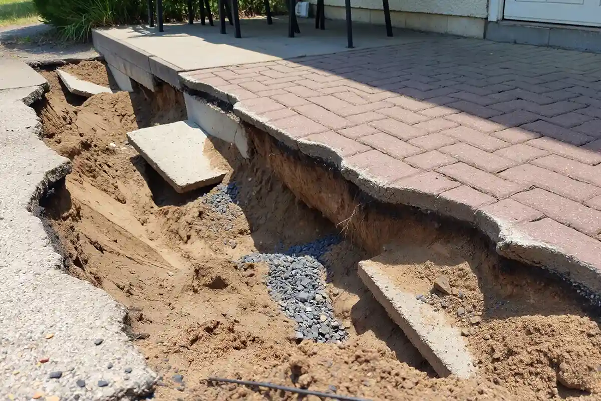 Soil erosion and washout creating hidden voids beneath concrete and paver outdoor surfaces.