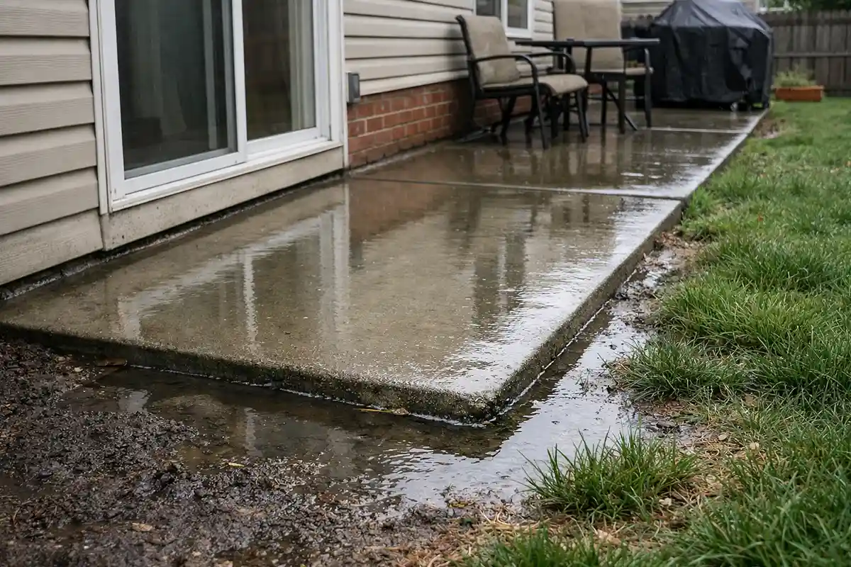 Standing water pooling along the edge of a backyard patio near the home foundation after rainfall.
