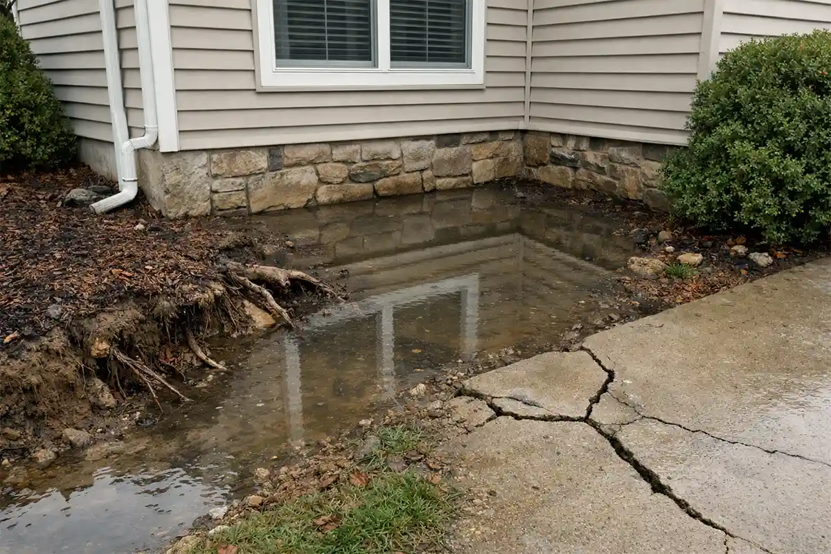 Standing water and soil erosion around a residential foundation showing early ground instability.