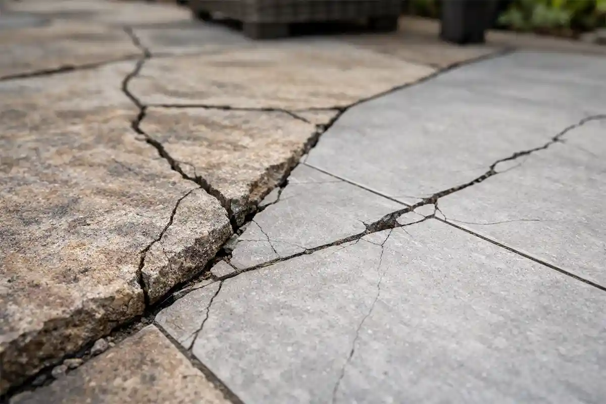 Close-up view of cracked outdoor stone and tile surfaces showing visible fractures and separation lines.