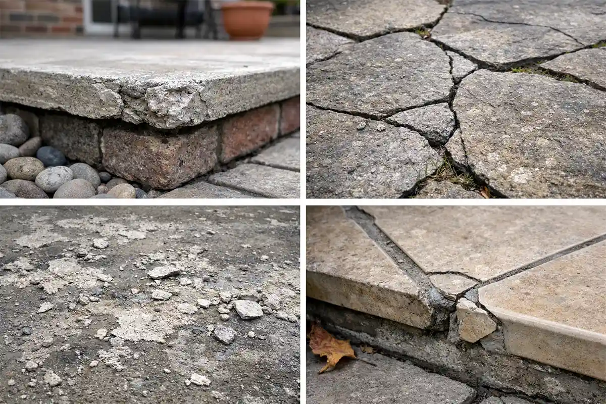 Close-up examples of cracked and chipped outdoor concrete, stone, and tile surfaces in residential settings.