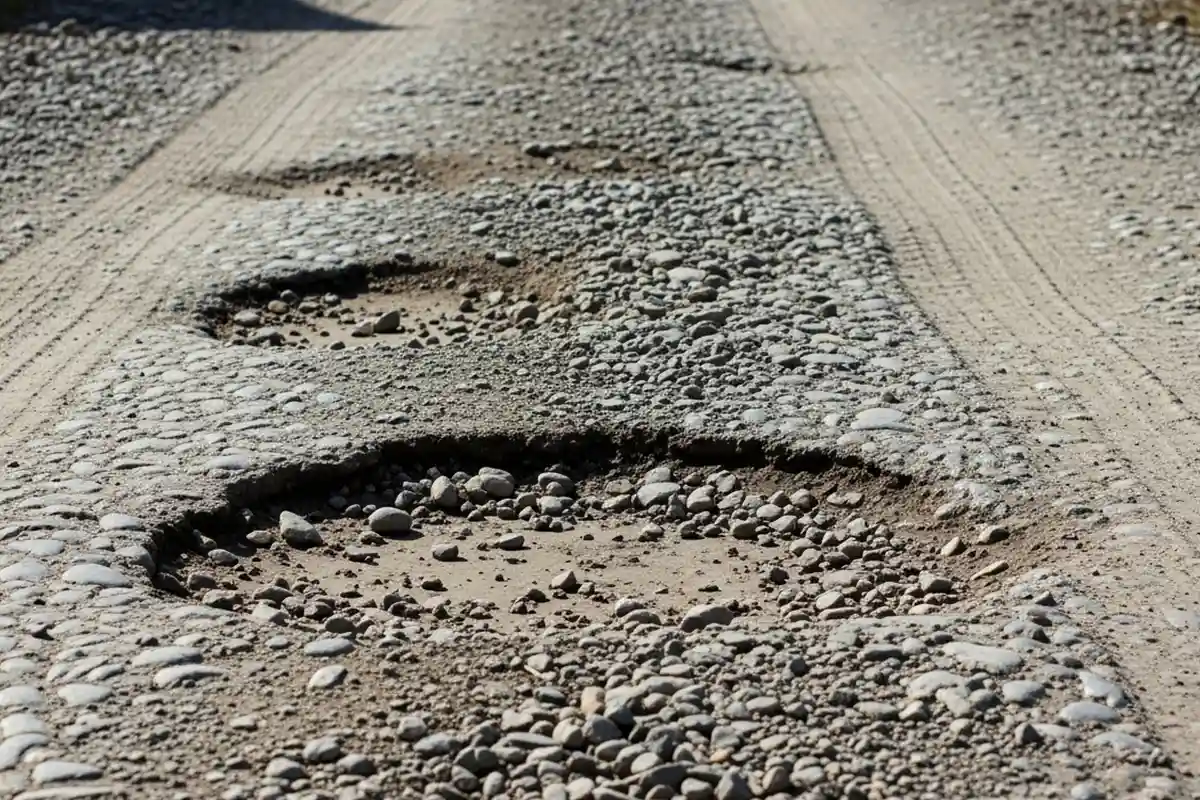 A worn gravel driveway with visible ruts, erosion channels, and loose displaced stones.