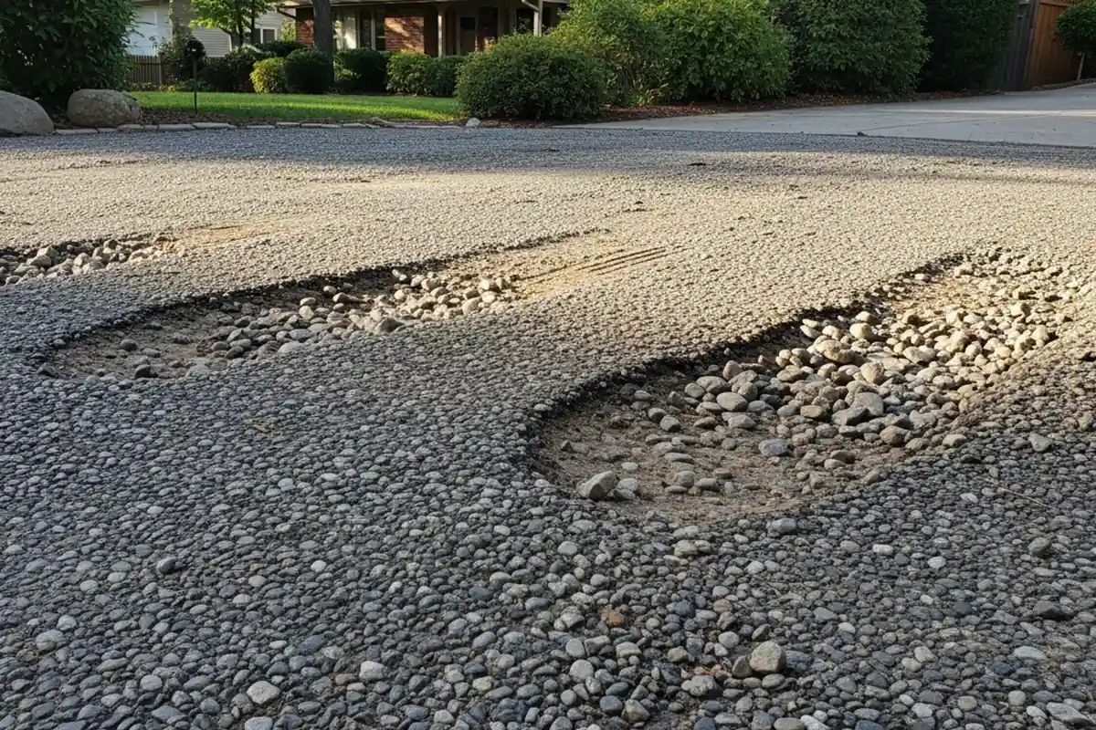 Uneven gravel driveway with early rutting and displaced stones under natural daylight in a residential setting.