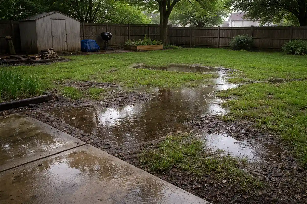 Saturated backyard soil with visible depressions and pooling water after heavy rainfall near a patio edge.
