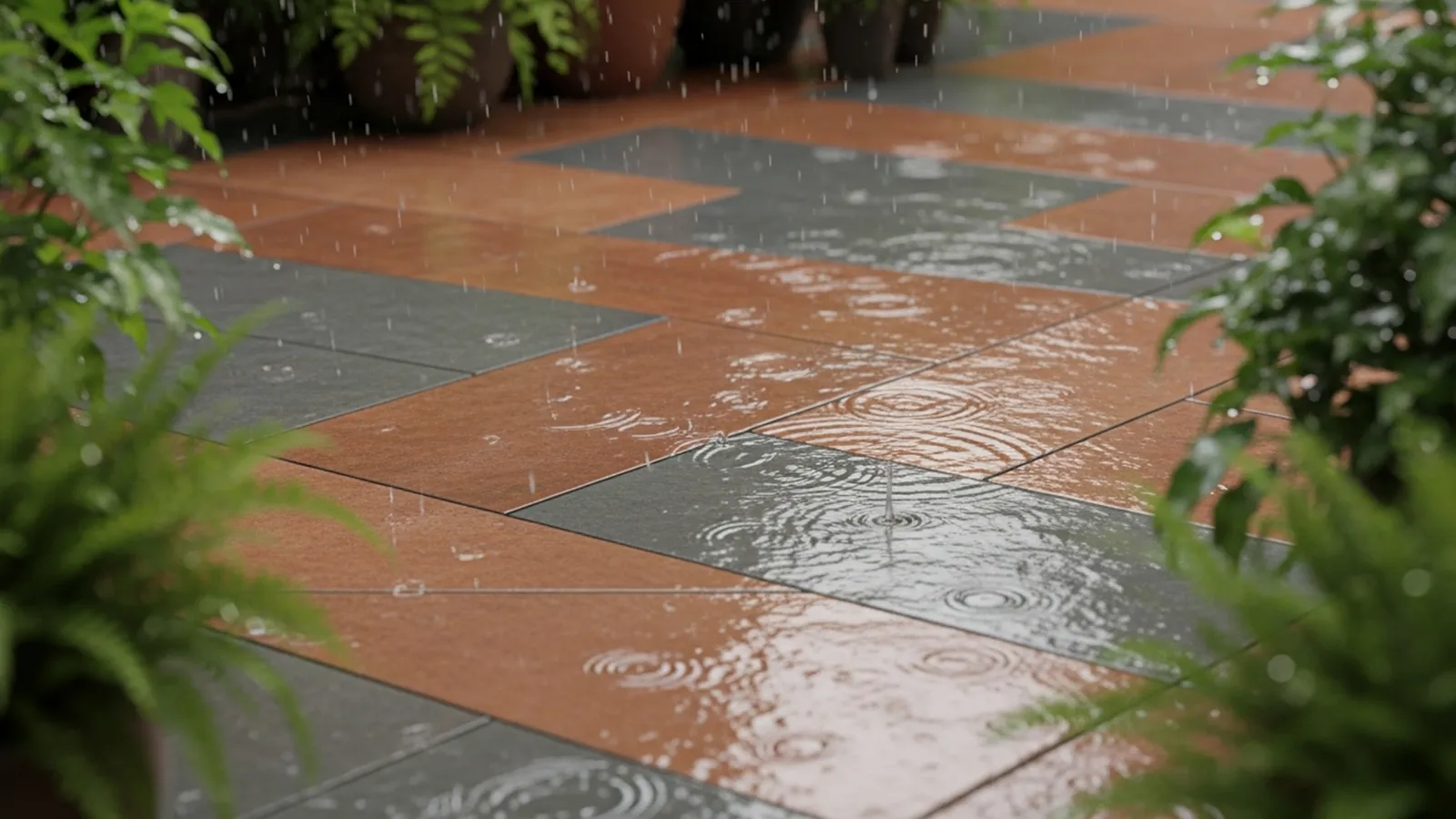 Outdoor tiles appear slick and reflective after moisture settles on a smooth surface.