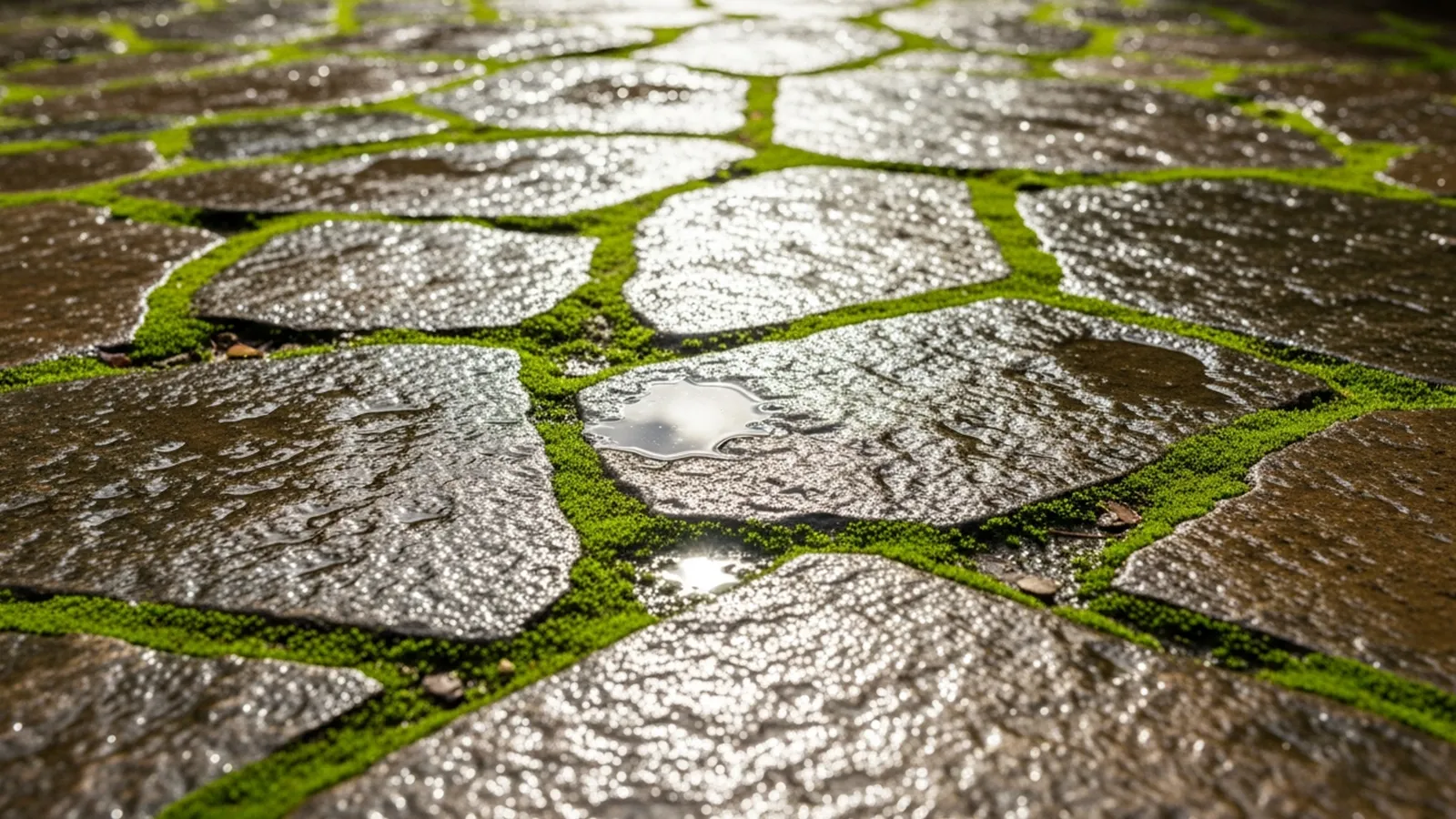 Algae and moss growing on an outdoor stone surface create a visibly slick and hazardous walking area after moisture exposure.