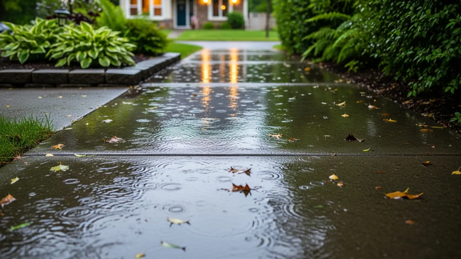 A rain-soaked residential outdoor walkway showing how wet surfaces can quietly increase slip risk in everyday home environments.