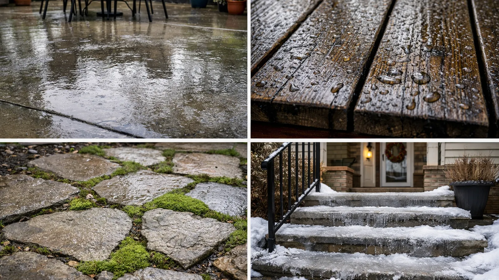 Common outdoor slip hazards including wet patios, mossy walkways, icy steps, and slick wooden decks around residential homes.