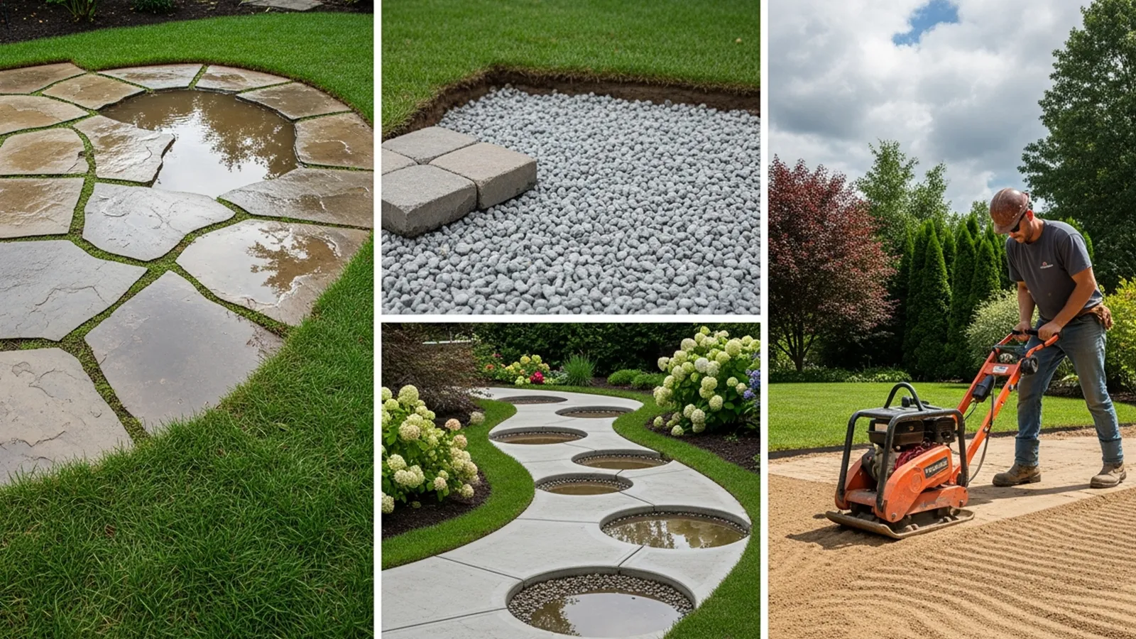 Uneven patio pavers and a compacted gravel base illustrate how poor soil preparation affects outdoor surface stability.