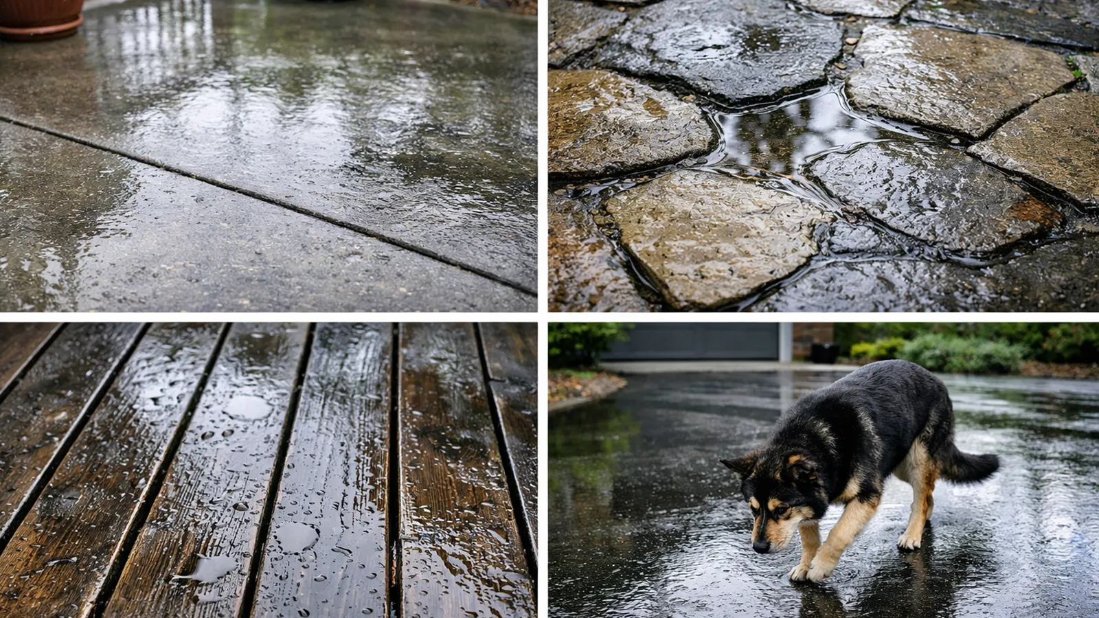 Wet outdoor surfaces including concrete, pavers, and a wooden deck showing reflective rainwater that increases slip risk.