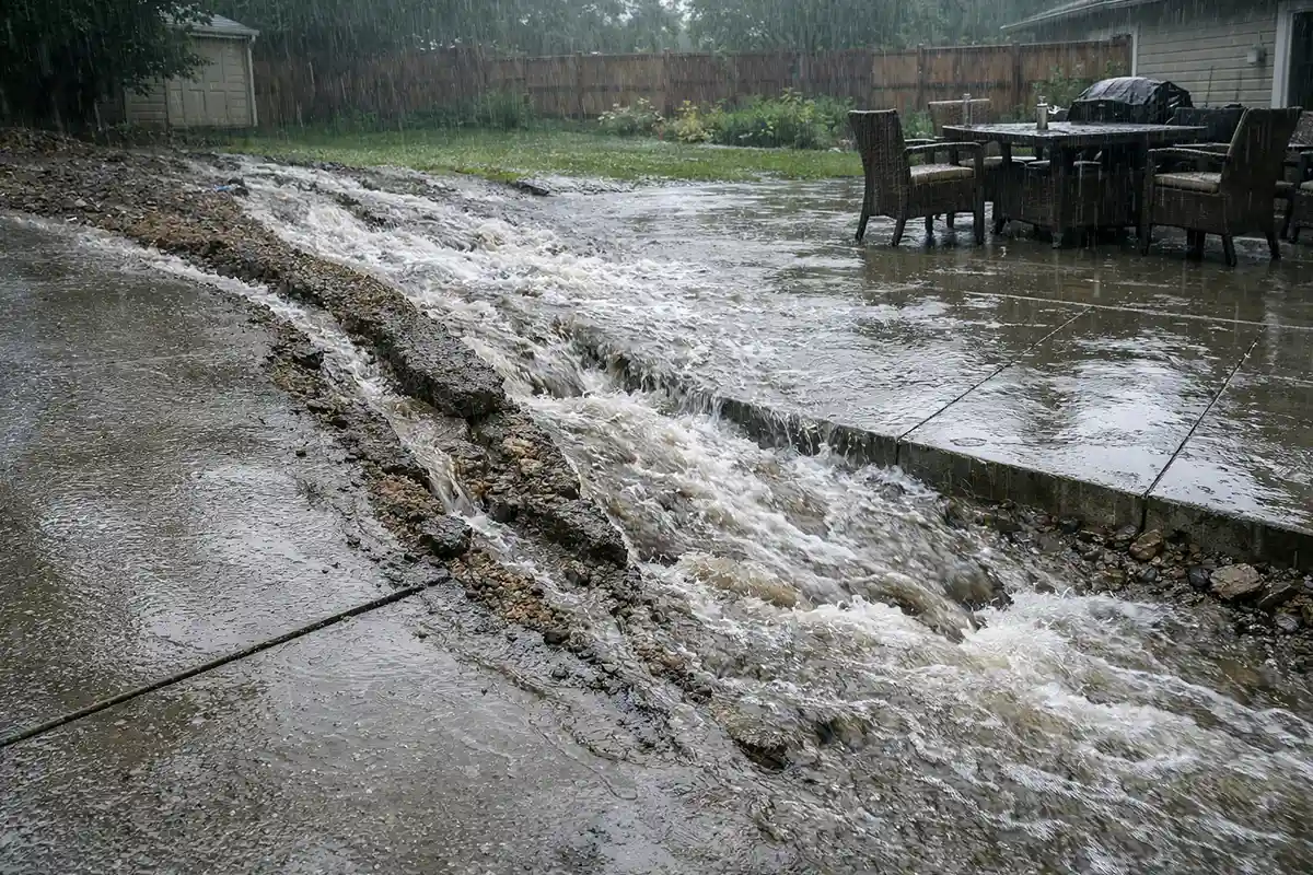 Heavy rainwater flowing across outdoor concrete driveway and patio surfaces causing early erosion patterns.
