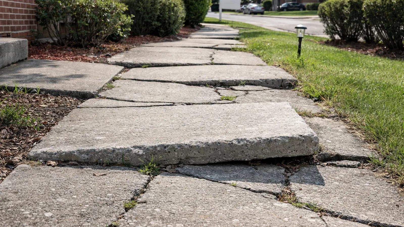 An uneven outdoor walkway with raised and sunken sections creating a clear tripping hazard for pedestrians.