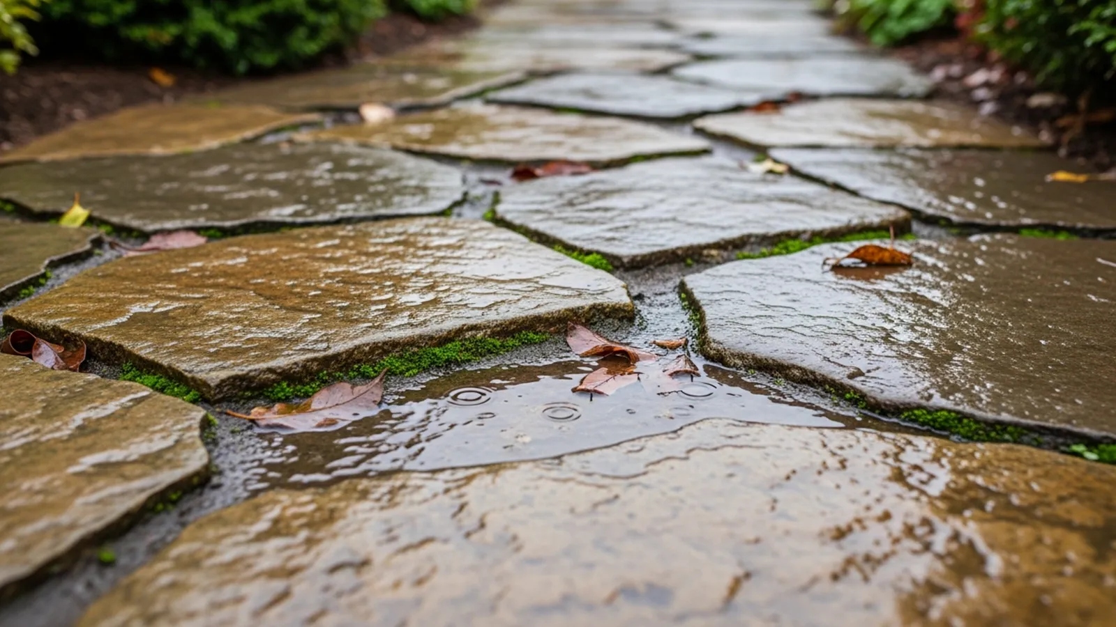 An uneven outdoor stone walkway with wet surfaces that increase slipping and tripping hazards.