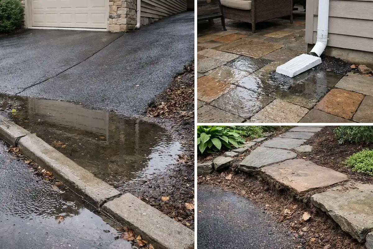 Common high-risk erosion zones including downspout discharge points and pooling water near driveways.