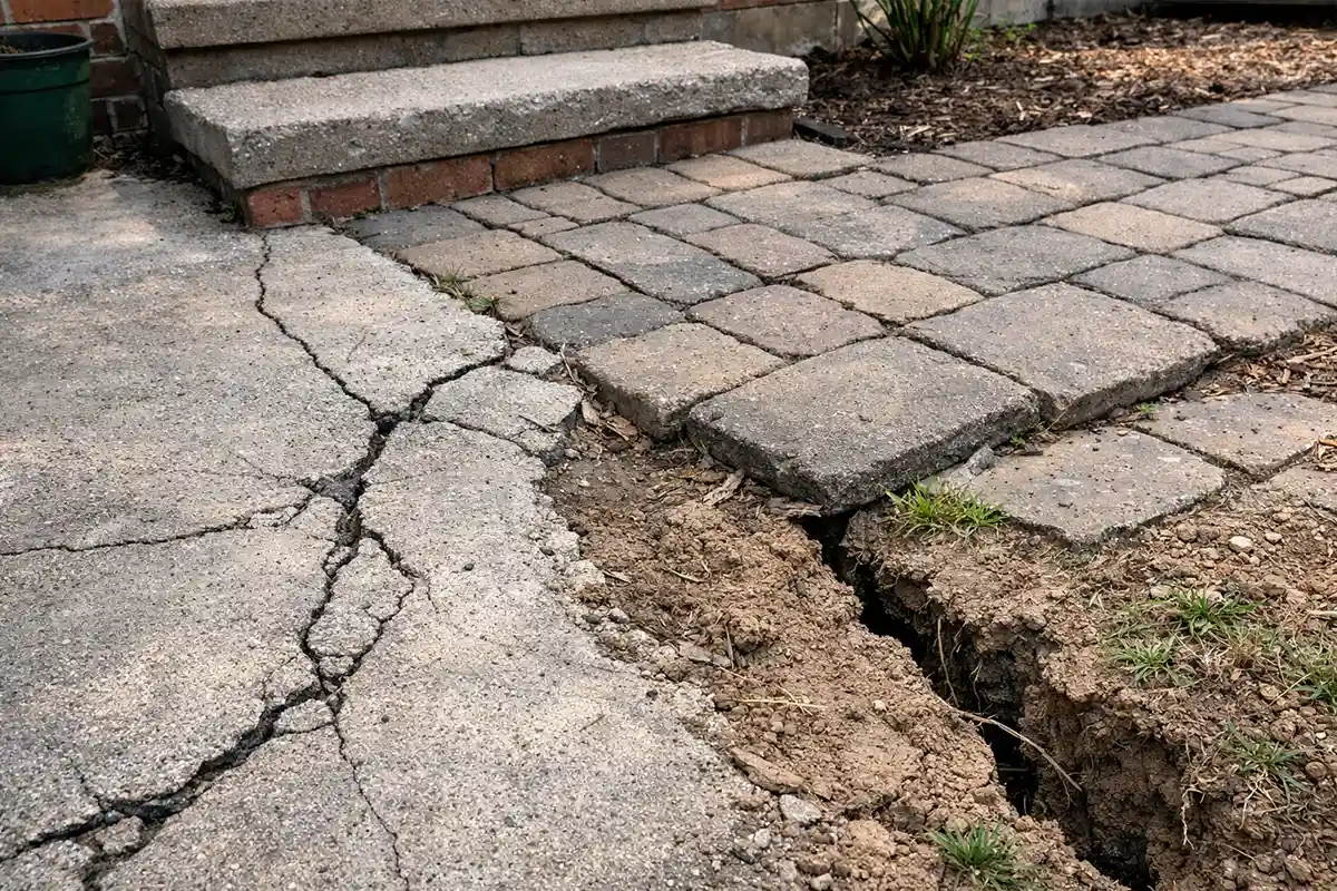 Cracked and uneven outdoor concrete and paver surfaces caused by underlying soil settlement.