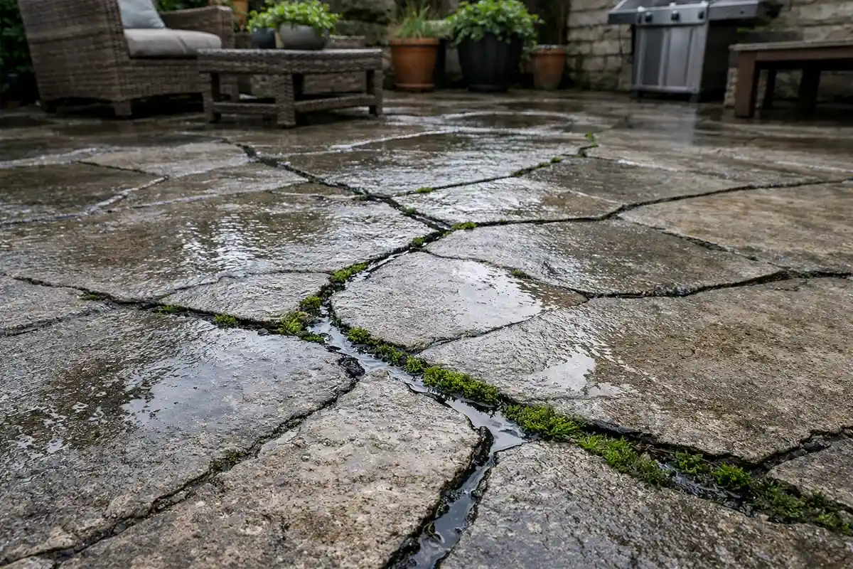 Rainwater pooling and seeping into cracked outdoor patio tiles after a storm.