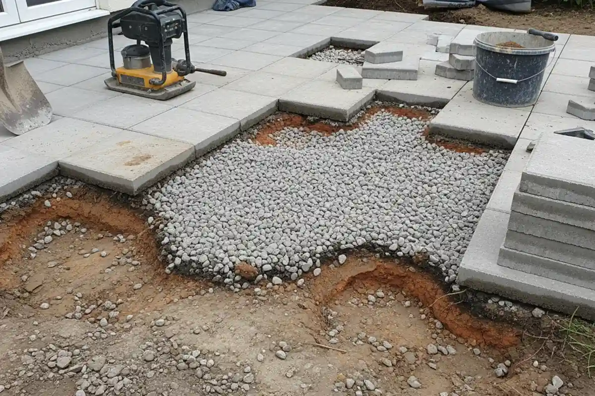 Exposed patio base layers showing gravel compaction and soil erosion beneath damaged outdoor slabs.