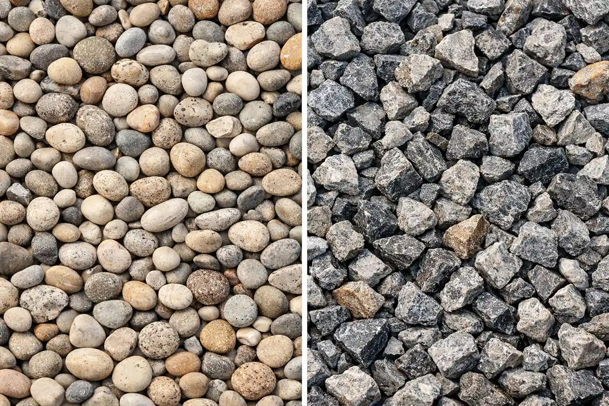 Comparison between rounded pea gravel and angular crushed stone used in outdoor surfaces.