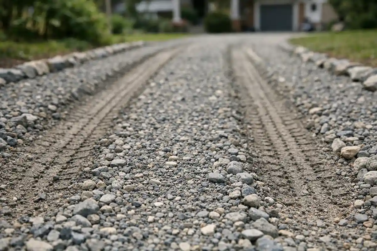 Gravel driveway showing defined tire tracks formed by repeated vehicle traffic in consistent paths.