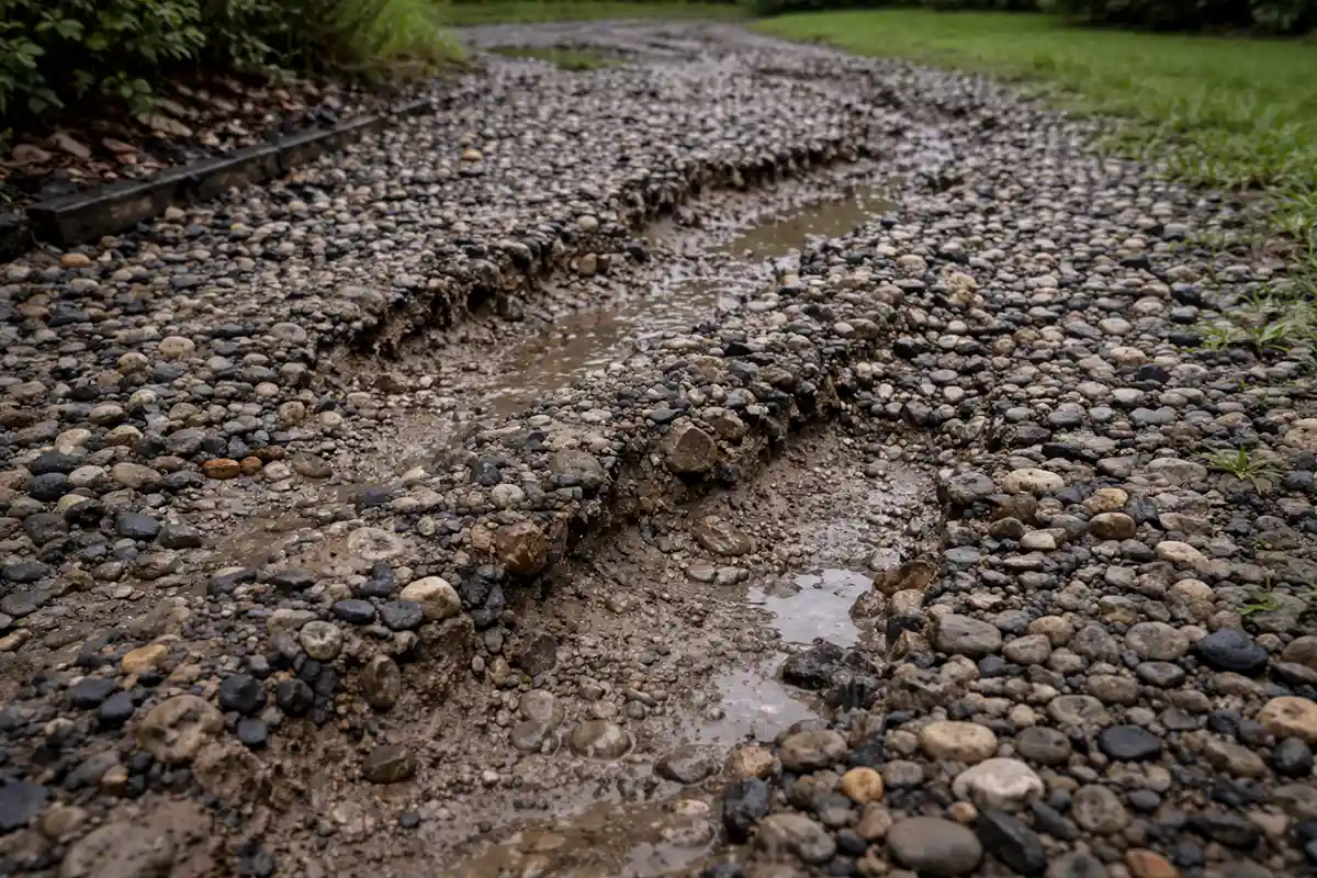 Gravel pathway with visible ruts and displaced stones after heavy rainfall, showing uneven base beneath.
