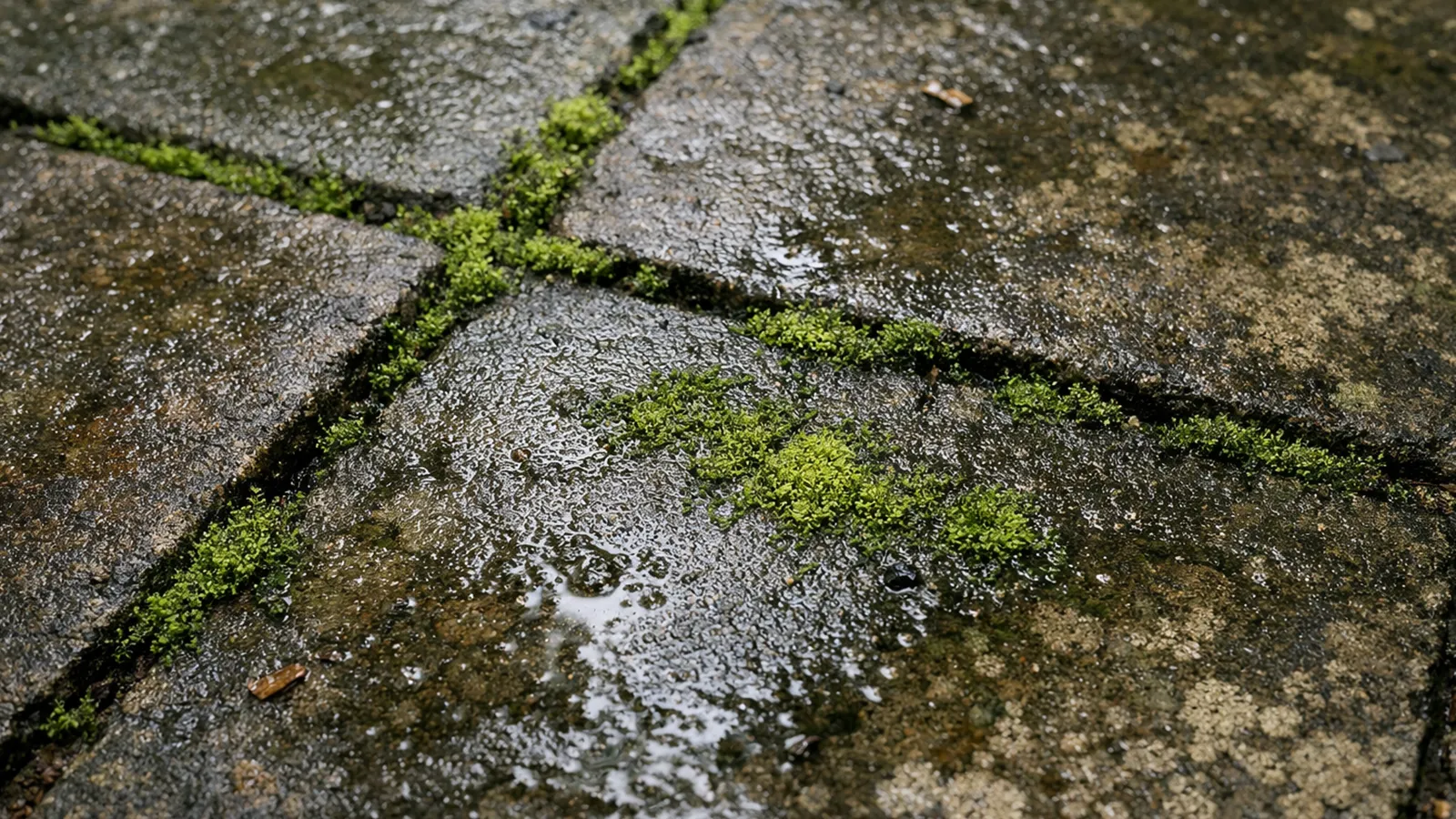 Green organic residue builds up on outdoor tiles, creating a slick and hazardous surface.