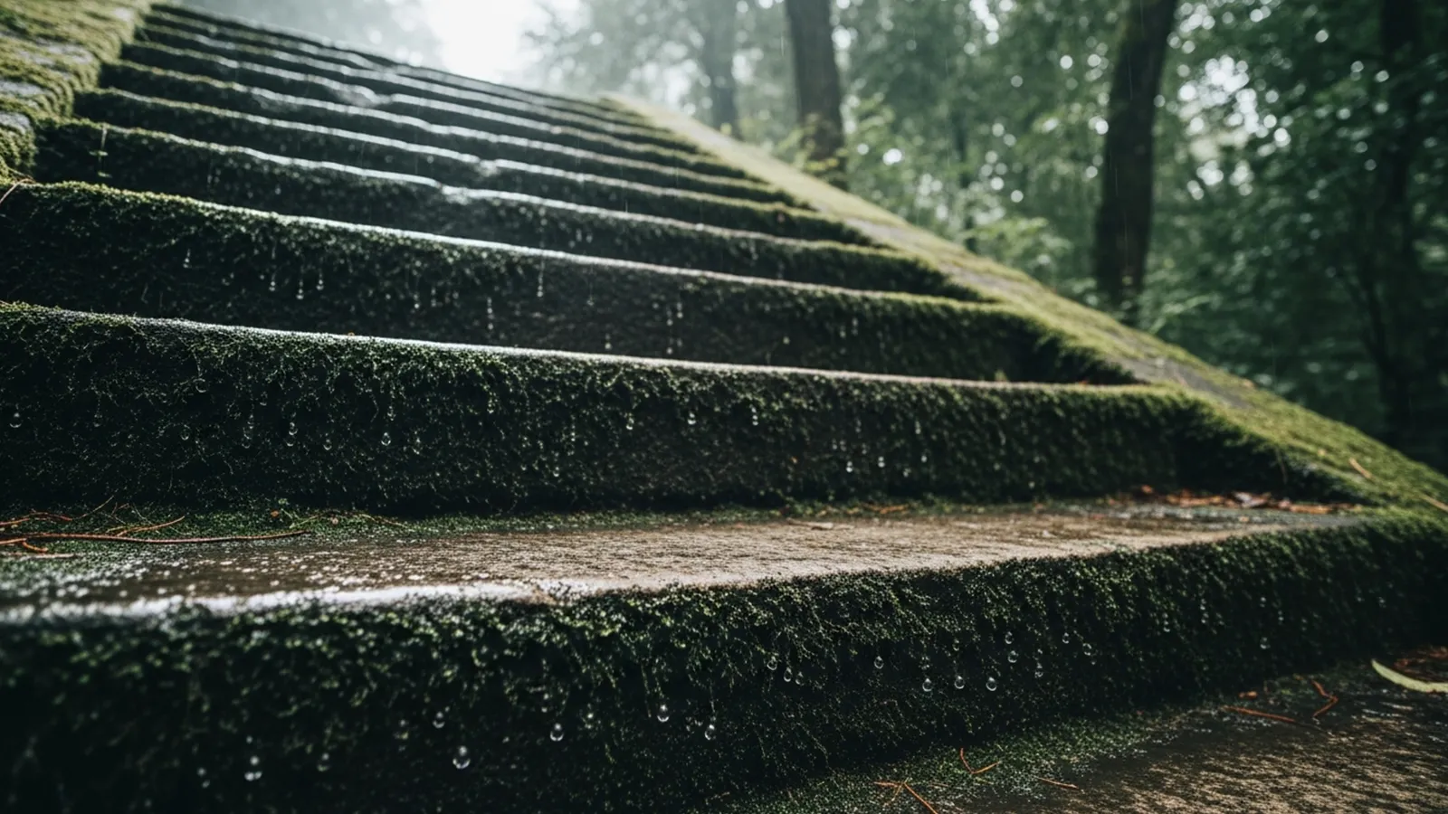 Rainwater intensifies the slippery effect of moss and algae on outdoor stone steps, increasing fall risk.