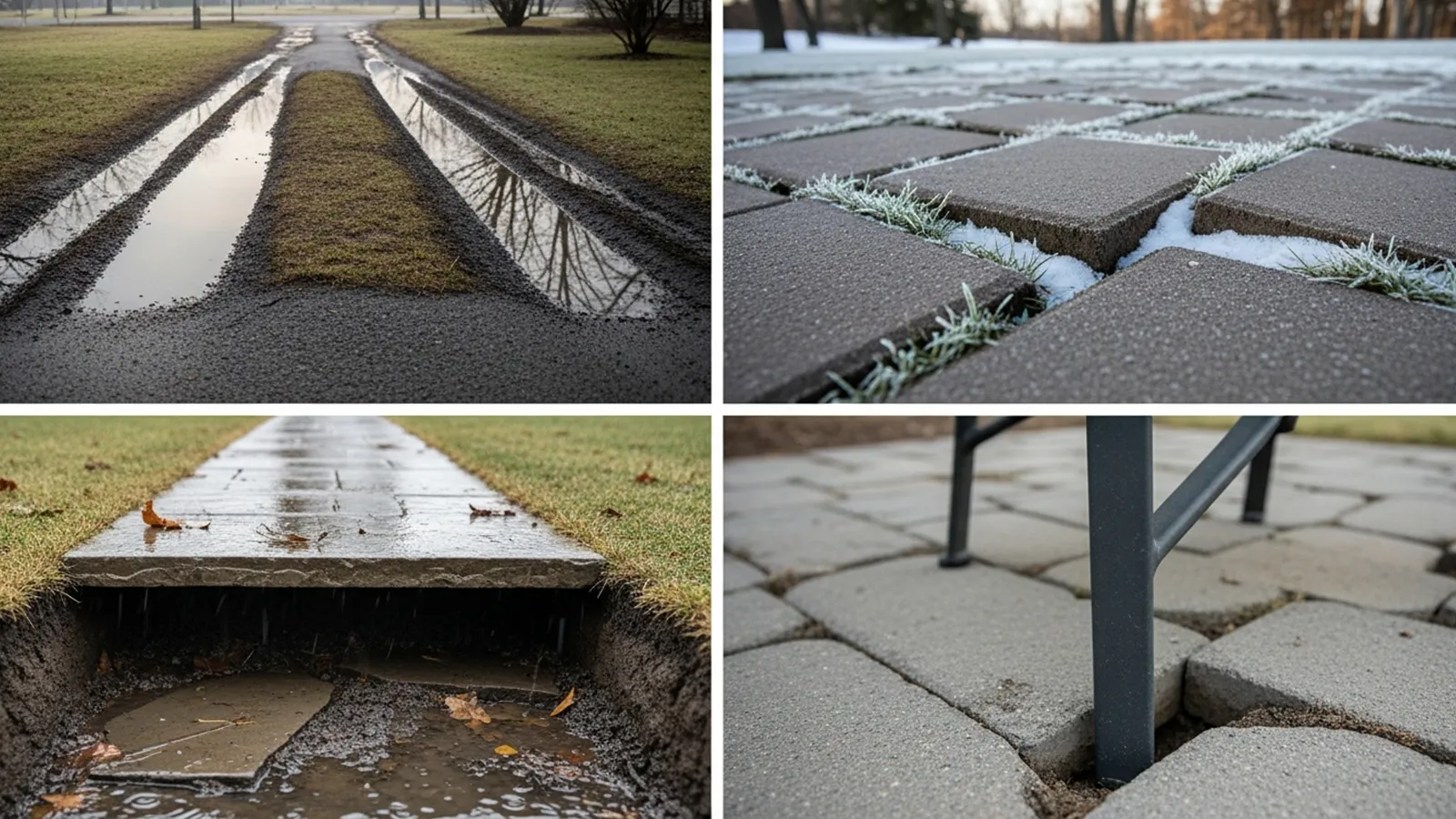 Vehicle weight, frost heave, and rain saturation reveal weak soil compaction beneath outdoor surfaces.