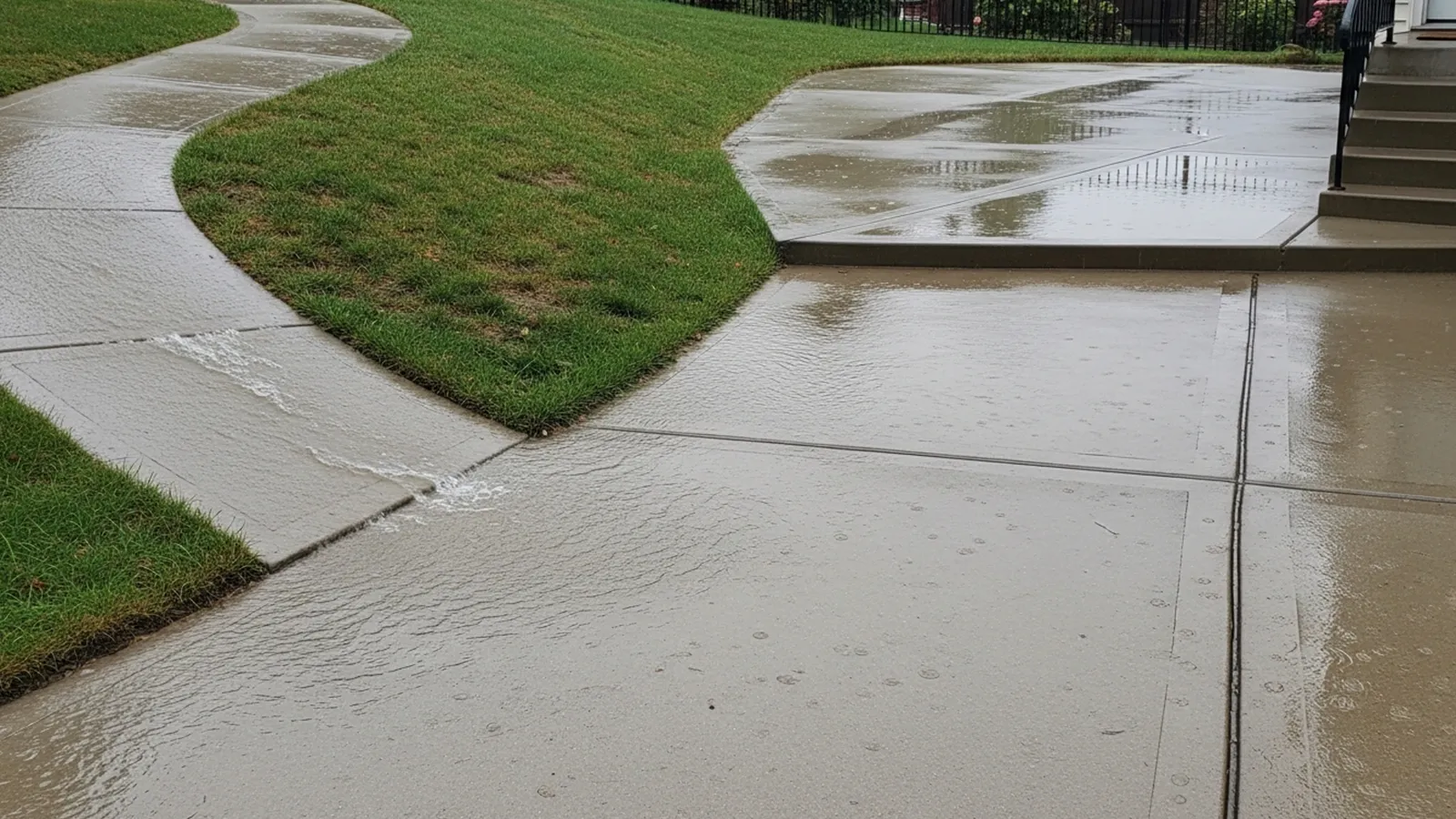 Sloped residential walkways and driveways showing rainwater flow patterns that increase slip risk.