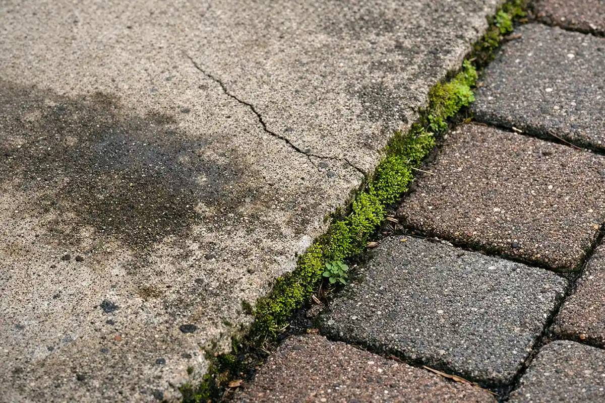 Close-up of outdoor walkway showing dark moisture stains, moss growth, and small cracks from poor drainage.