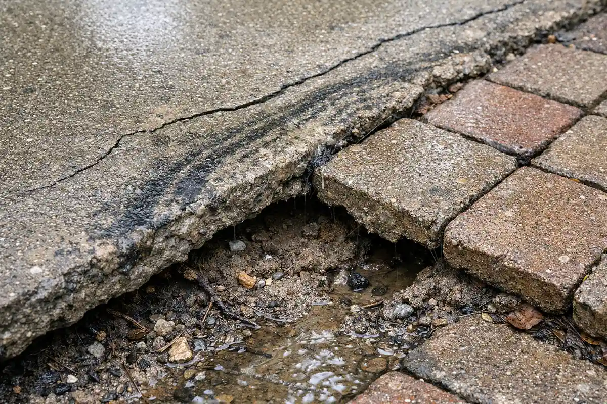 Early warning signs of runoff damage including edge erosion, water staining, and soil washout beneath outdoor surfaces.