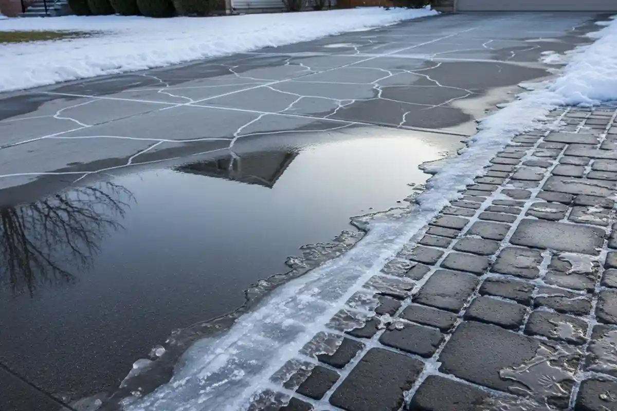Freeze-thaw cycles and snowmelt contributing to erosion beneath concrete and paver outdoor surfaces.