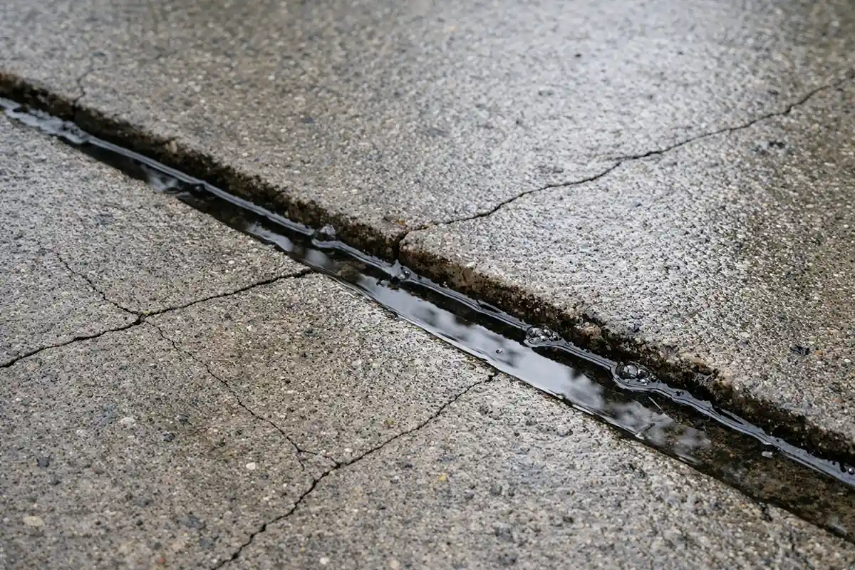 Water sitting inside a concrete patio expansion joint along the slab edge after rainfall.