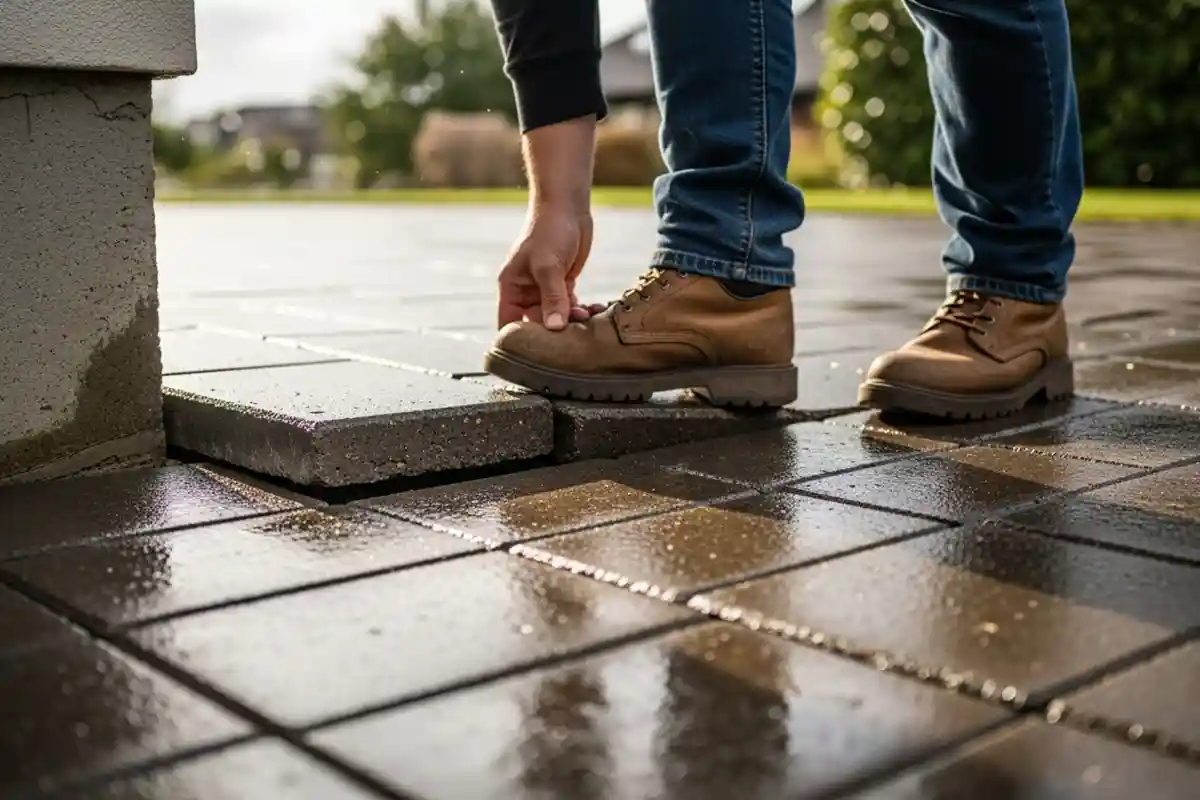 Patio surface that appears level but shows subtle settlement and underlying support loss.