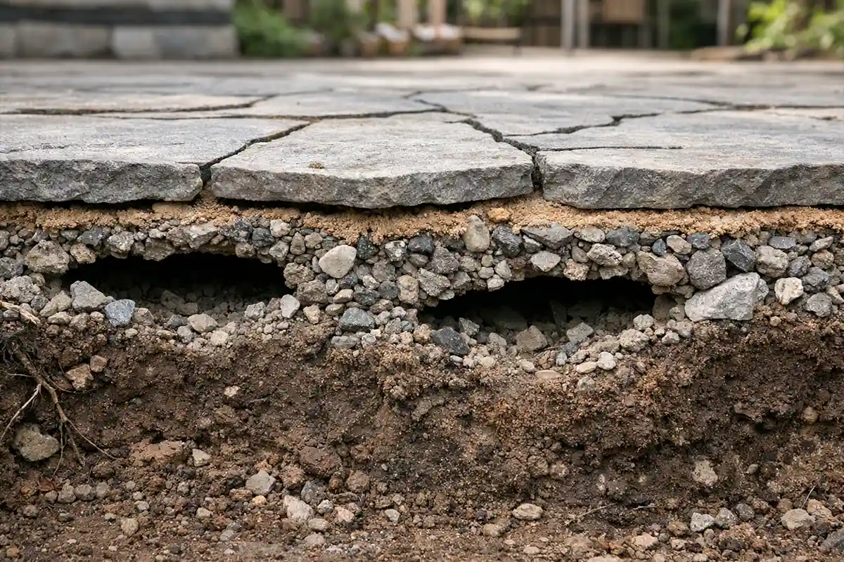 Exposed patio base showing uneven gravel compaction and voids beneath cracked outdoor tiles.