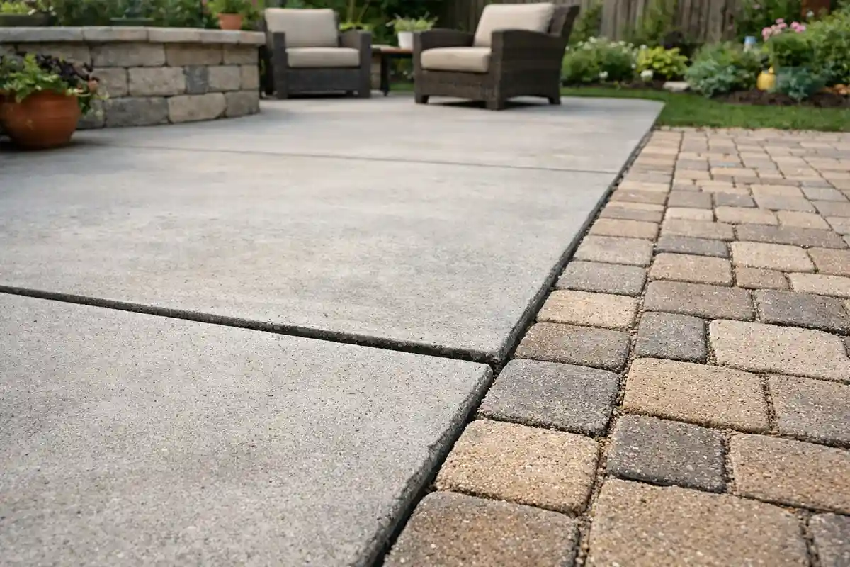 Close-up of expansion joints and flexible gaps in outdoor concrete and paver installations preventing cracking.