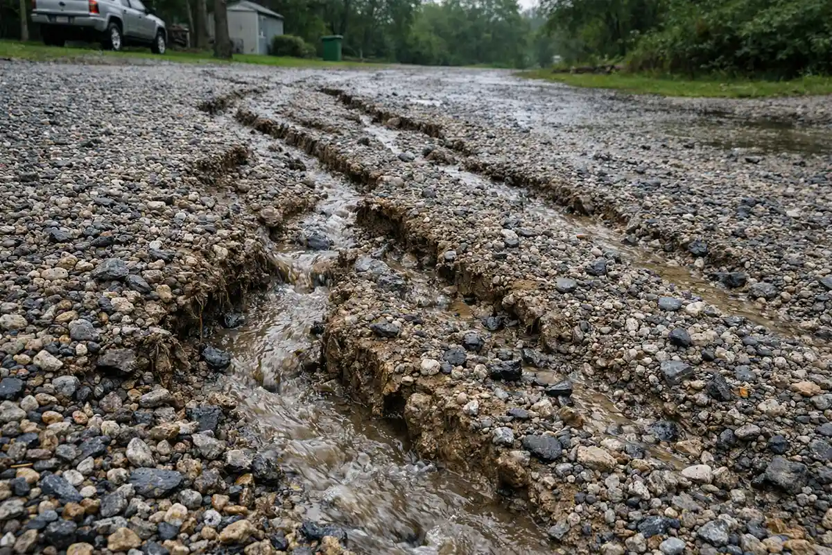 Rainwater carving shallow erosion channels through a gravel driveway surface.