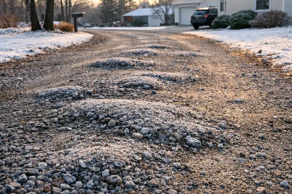Residential gravel driveway showing slight frost heave and uneven surface during winter conditions.