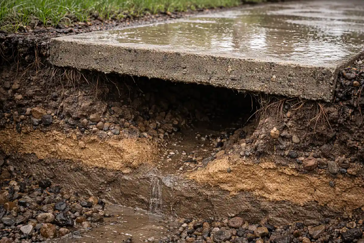 Concrete slab with soil erosion cavity forming underneath, exposing void space after heavy rainfall.