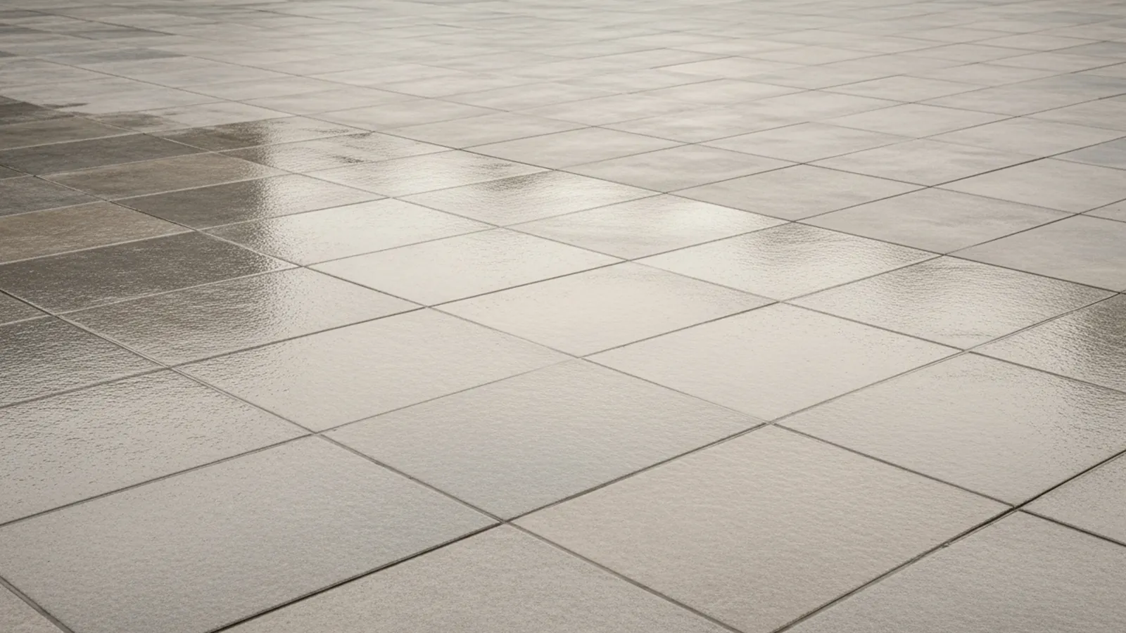 Shiny sealed outdoor tiles reflect light and water, indicating reduced surface traction.
