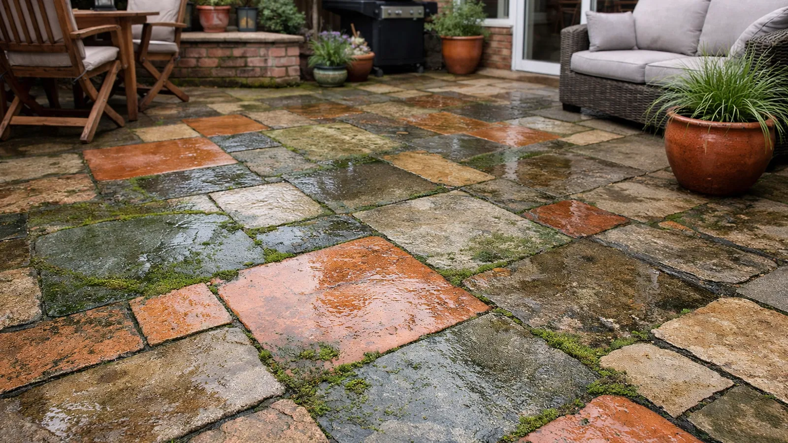 Algae growth on outdoor tiles demonstrates how surface finish influences long-term slip resistance when wet.