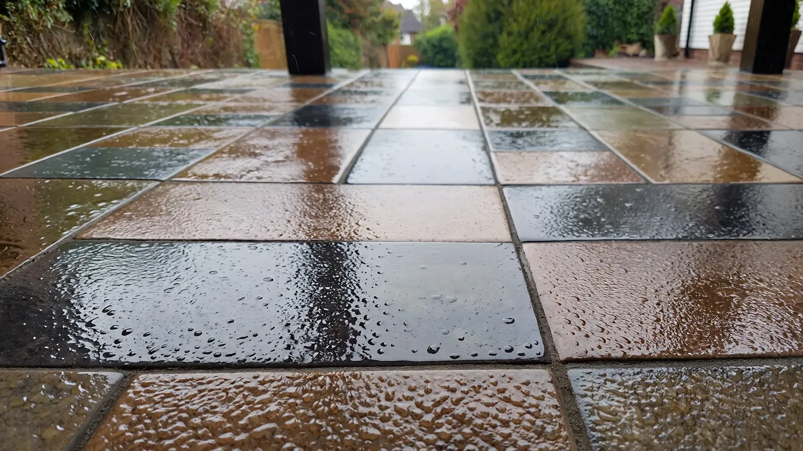 Wet outdoor tiles with visible water film demonstrating how smooth finishes can increase slip risk after rain.