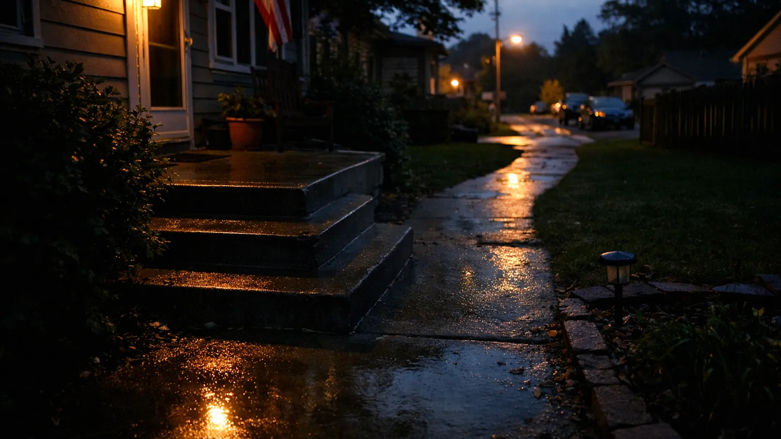 Residential outdoor walkways at dusk where glare and shadows make surface changes harder to detect.