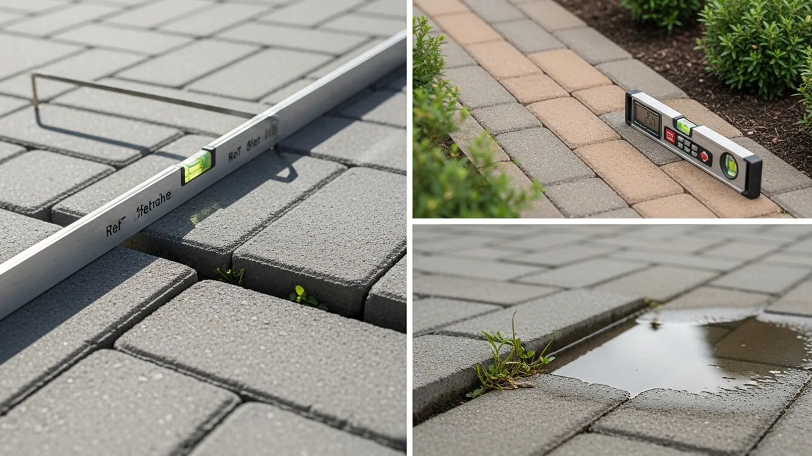 Straight edge and digital level reveal subtle uneven areas on patio pavers along with widening joints and water pooling.