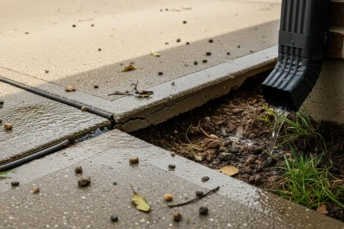 Concrete driveway and patio edges showing erosion, settlement, and soil washout caused by concentrated runoff.
